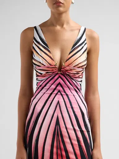 Roberto Cavalli Women's Printed V-Neck Midi Dress - Coral | Thumbnail 5