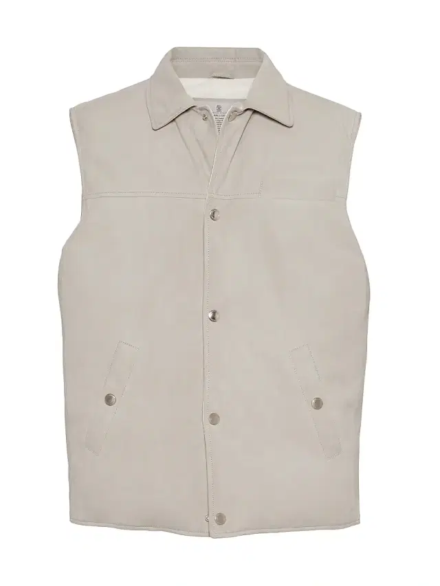 Brunello Cucinelli Men's Suede Down Vest with Shirt Style Collar -