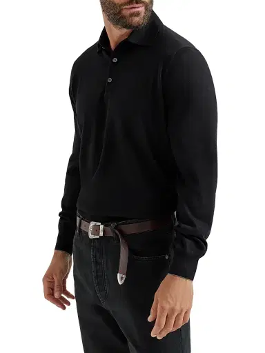 Brunello Cucinelli Men's Lightweight Knit Polo Shirt - Black | Thumbnail 2 Brunello Cucinelli Men's Lightweight Knit Polo Shirt - Black | Thumbnail 2