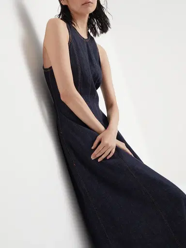 Brunello Cucinelli Women's Lightweight Wet Effect Denim Dress with Shiny Trims - Denim | Thumbnail 5