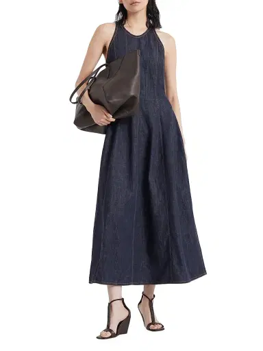 Brunello Cucinelli Women's Lightweight Wet Effect Denim Dress with Shiny Trims - Denim | Thumbnail 6
