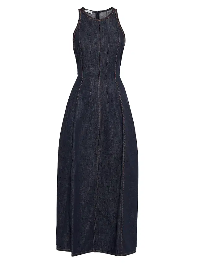 Brunello Cucinelli Women's Lightweight Wet Effect Denim Dress with Shiny Trims - Denim
