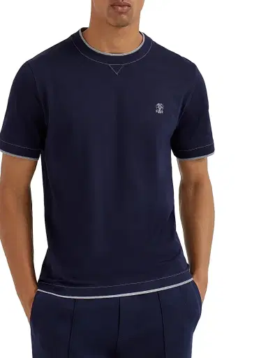 Brunello Cucinelli Men's Cotton Jersey Crewneck T-Shirt with Logo - Cobalt | Thumbnail 2 Brunello Cucinelli Men's Cotton Jersey Crewneck T-Shirt with Logo - Cobalt | Thumbnail 2