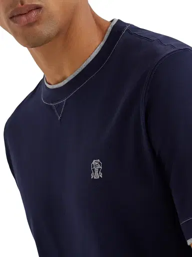 Brunello Cucinelli Men's Cotton Jersey Crewneck T-Shirt with Logo - Cobalt | Thumbnail 4 Brunello Cucinelli Men's Cotton Jersey Crewneck T-Shirt with Logo - Cobalt | Thumbnail 4