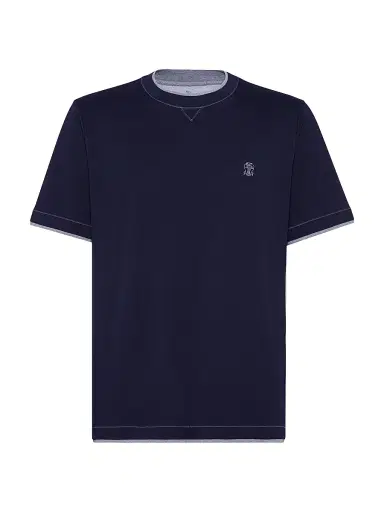 Brunello Cucinelli Men's Cotton Jersey Crewneck T-Shirt with Logo - Cobalt | Thumbnail 1 Brunello Cucinelli Men's Cotton Jersey Crewneck T-Shirt with Logo - Cobalt | Thumbnail 1