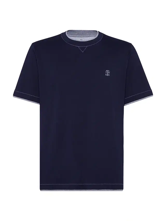Brunello Cucinelli Men's Cotton Jersey Crewneck T-Shirt with Logo - Cobalt