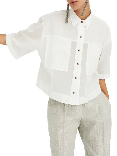 Brunello Cucinelli Women's Cotton Organza Shirt With Shiny Tab | Thumbnail 5 Brunello Cucinelli Women's Cotton Organza Shirt With Shiny Tab | Thumbnail 5