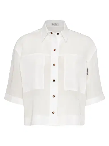 Brunello Cucinelli Women's Cotton Organza Shirt With Shiny Tab | Thumbnail 1 Brunello Cucinelli Women's Cotton Organza Shirt With Shiny Tab | Thumbnail 1