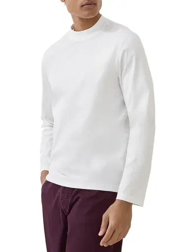 Brunello Cucinelli Men's Cotton Jersey Mock Neck Long Sleeve T-Shirt - Off White | Thumbnail 2 Brunello Cucinelli Men's Cotton Jersey Mock Neck Long Sleeve T-Shirt - Off White | Thumbnail 2
