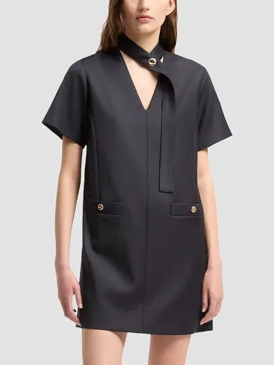 Moncler Women's V-Neck Mini Dress in Wool Gabardine - Dark Blue | Thumbnail 2