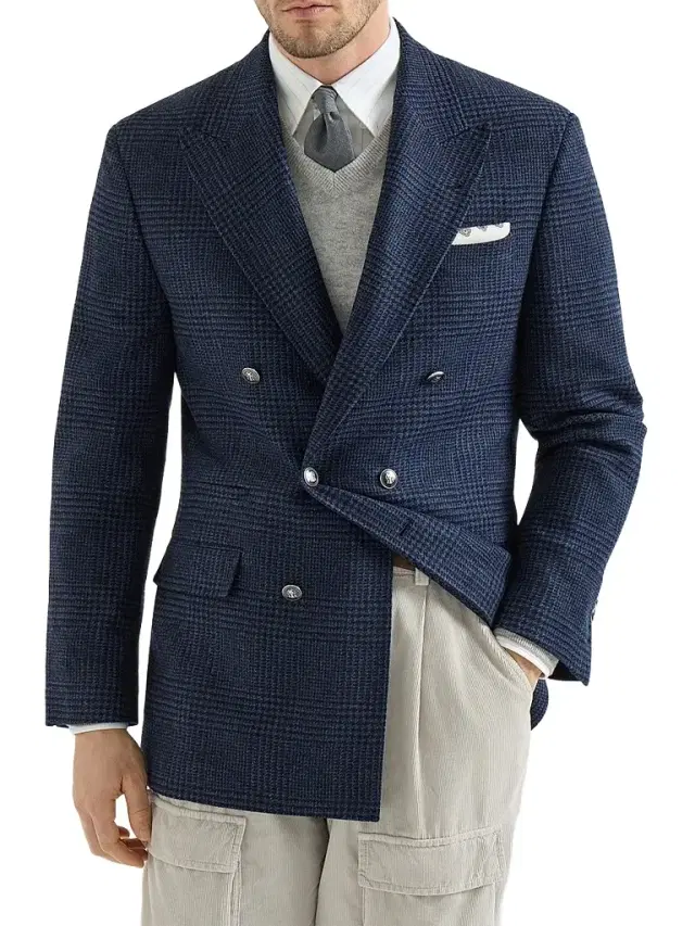 Brunello Cucinelli Men's Prince of Wales Flannel One-and-a-Half Breasted Tailor Blazer - Blue