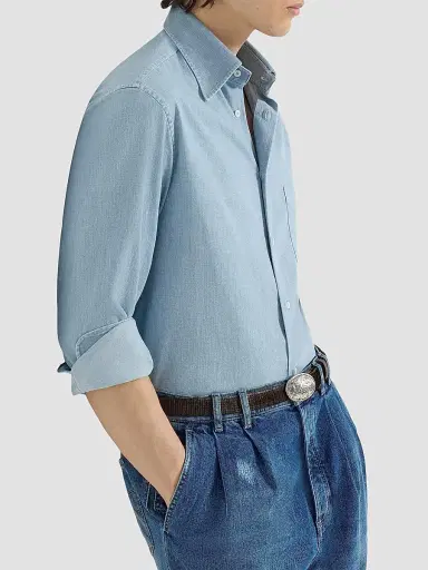 Brunello Cucinelli Men's Lightweight Denim Shirt with Italian Collar | Thumbnail 5 Brunello Cucinelli Men's Lightweight Denim Shirt with Italian Collar | Thumbnail 5