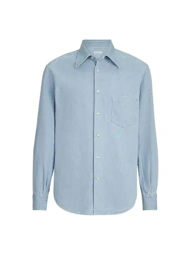 Brunello Cucinelli Men's Lightweight Denim Shirt with Italian Collar | Thumbnail 1 Brunello Cucinelli Men's Lightweight Denim Shirt with Italian Collar | Thumbnail 1