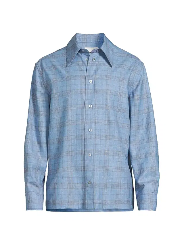 Jil Sander Men's Plaid Wool-Linen Snap-Front Shirt - Summer Kite