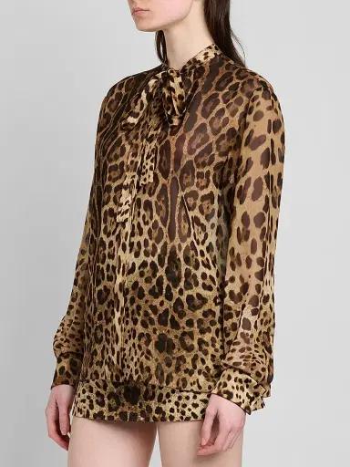 Dolce & Gabbana Women's Leopard-Print Silk Tieneck Blouse - Leo New - Size 12 | Thumbnail 4