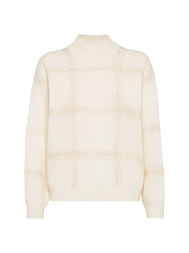 Brunello Cucinelli Women's Virgin Wool, Cashmere and Silk Mock Neck Sweater with Dazzling Checks Embroidery - Panama
