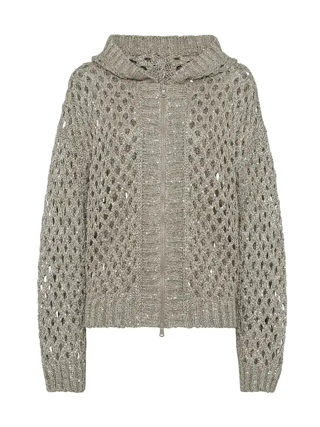Brunello Cucinelli Women's Silk and Linen Dazzling Net Hooded Cardigan - Warm Beige