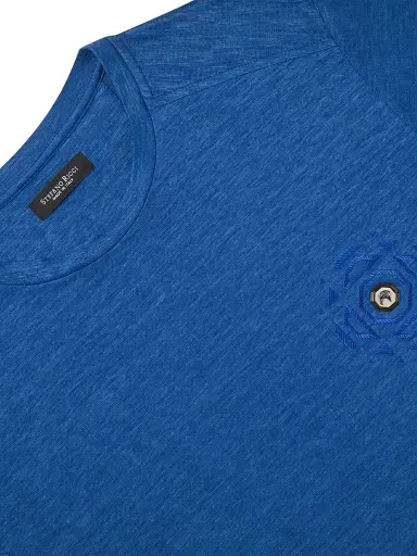 Stefano Ricci Men's Linen T-Shirt with Metallic Detailing - Mediterranean | Thumbnail 2