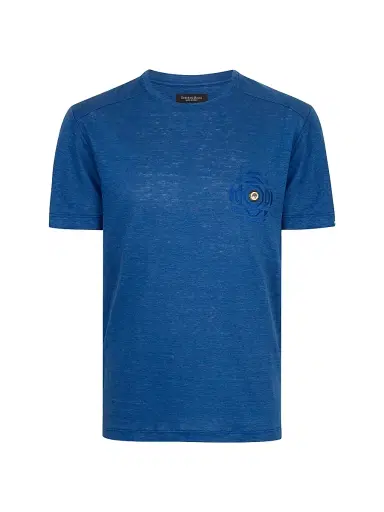 Stefano Ricci Men's Linen T-Shirt with Metallic Detailing - Mediterranean | Thumbnail 1