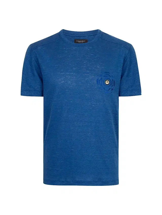 Stefano Ricci Men's Linen T-Shirt with Metallic Detailing - Mediterranean