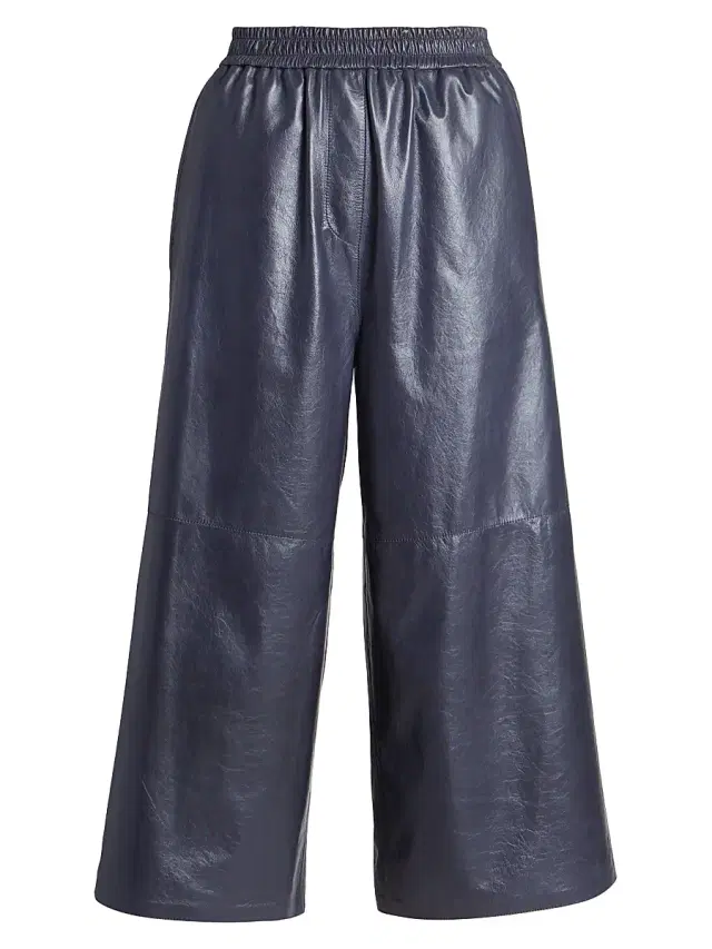 LOEWE Women's Leather Cropped Wide-Leg Trousers - Navy Blue
