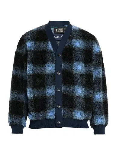 Scotch & Soda Men's Plaid Polar Fleece Cardigan - Thyme Blue - Size Medium | Thumbnail 1