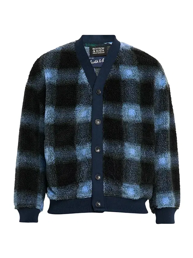 Scotch & Soda Men's Plaid Polar Fleece Cardigan - Thyme Blue