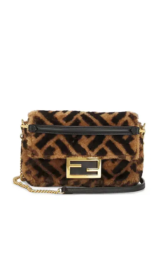FWRD Renew Fendi Shearling Vitello Dolce Macro FF 1974 Mini Baguette Shoulder Bag