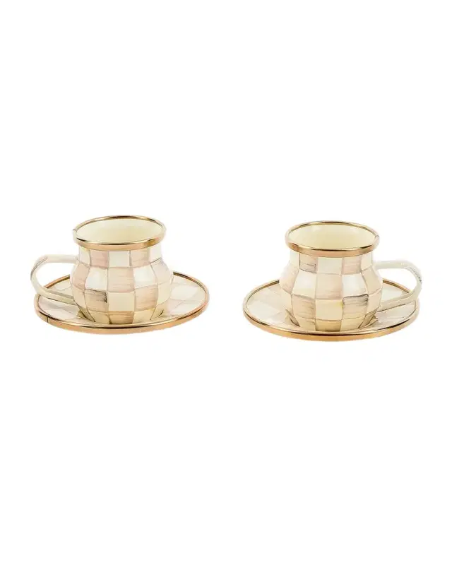 MacKenzie-Childs Mocha Check 3 oz. Espresso Cups & Saucers, Set of 2