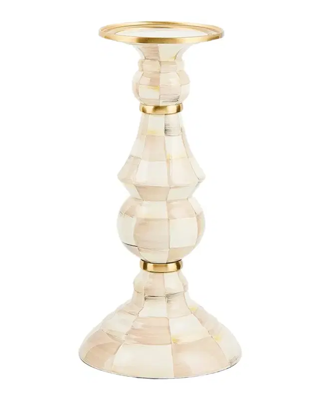 MacKenzie-Childs Mocha Check Large Pillar Candlestick, 11" Tall