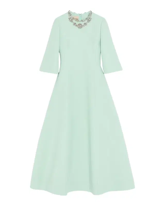 Valentino Garavani Crystal Embroidered Silk-Wool 3/4-Sleeve Midi Dress