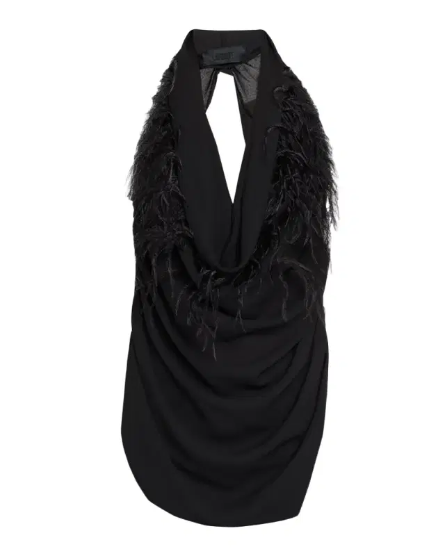 LAPOINTE Feather-Trim Draped Georgette Halter Top
