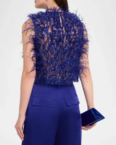 LAPOINTE Sleeveless Feather Sequined Tulle Crop Top | Thumbnail 3 LAPOINTE Sleeveless Feather Sequined Tulle Crop Top | Thumbnail 3