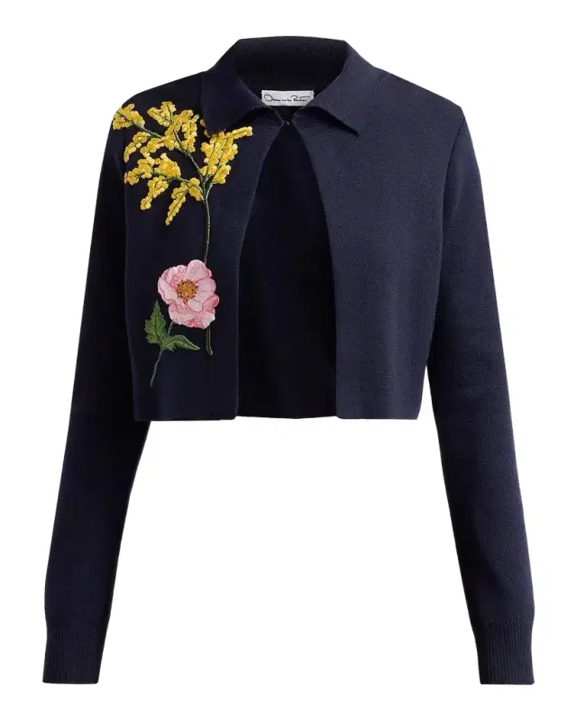 Oscar de la Renta Floral Embroidered Wool Crop Collared Cardigan