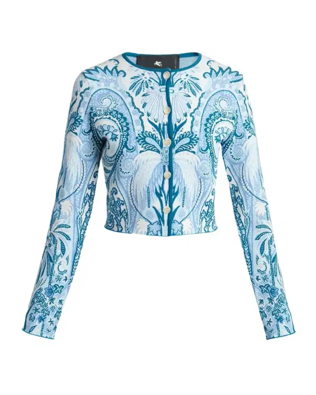 Etro Leafy Paisley Jacquard Crop Crewneck Cardigan