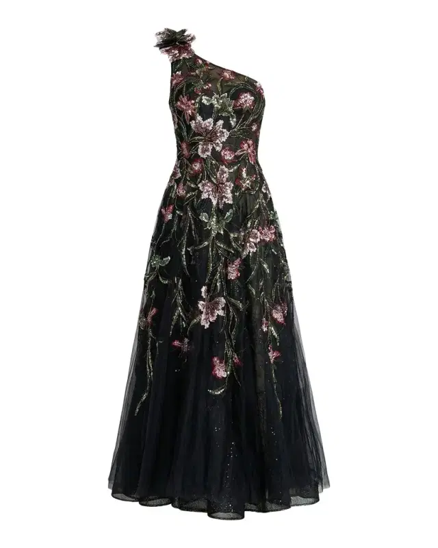 Mac Duggal Sequined Floral-Embroidered One-Shoulder Cocktail Maxi Dress
