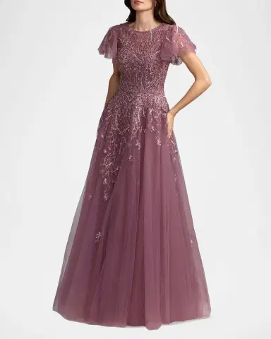 Mac Duggal Embroidered Tulle Flutter Sleeve Ballgown | Thumbnail 2 Mac Duggal Embroidered Tulle Flutter Sleeve Ballgown | Thumbnail 2