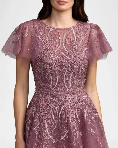 Mac Duggal Embroidered Tulle Flutter Sleeve Ballgown | Thumbnail 4 Mac Duggal Embroidered Tulle Flutter Sleeve Ballgown | Thumbnail 4