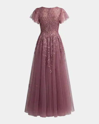 Mac Duggal Embroidered Tulle Flutter Sleeve Ballgown | Thumbnail 5 Mac Duggal Embroidered Tulle Flutter Sleeve Ballgown | Thumbnail 5