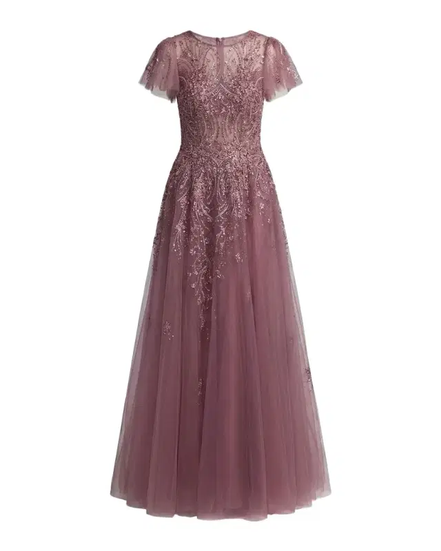 Mac Duggal Embroidered Tulle Flutter Sleeve Ballgown