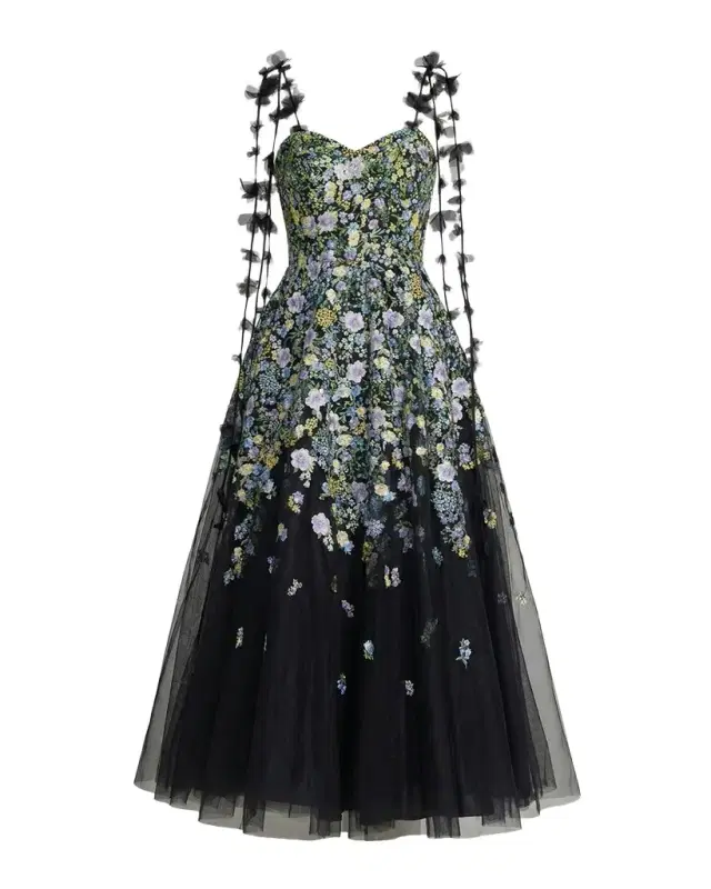 Mac Duggal Floral-Embroidered Tassel Tulle A-Line Cocktail Maxi Dress