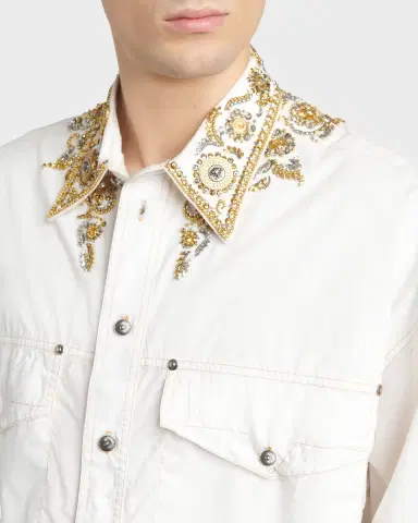 Versace Men's Embroidered-Collar Cotton Button-Down Shirt | Thumbnail 5 Versace Men's Embroidered-Collar Cotton Button-Down Shirt | Thumbnail 5