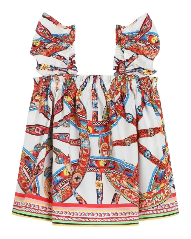 Dolce & Gabbana Girl 's Carretto-Print Ruffled Cotton Top, Size 8-14