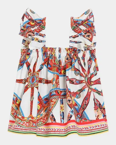 Dolce & Gabbana Girl's Carretto-Print Ruffled Cotton Top, Size 2 | Thumbnail 2 Dolce & Gabbana Girl's Carretto-Print Ruffled Cotton Top, Size 2 | Thumbnail 2