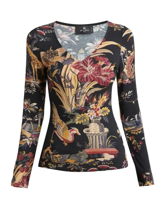 Etro Floral-Print Long-Sleeve Jersey Top