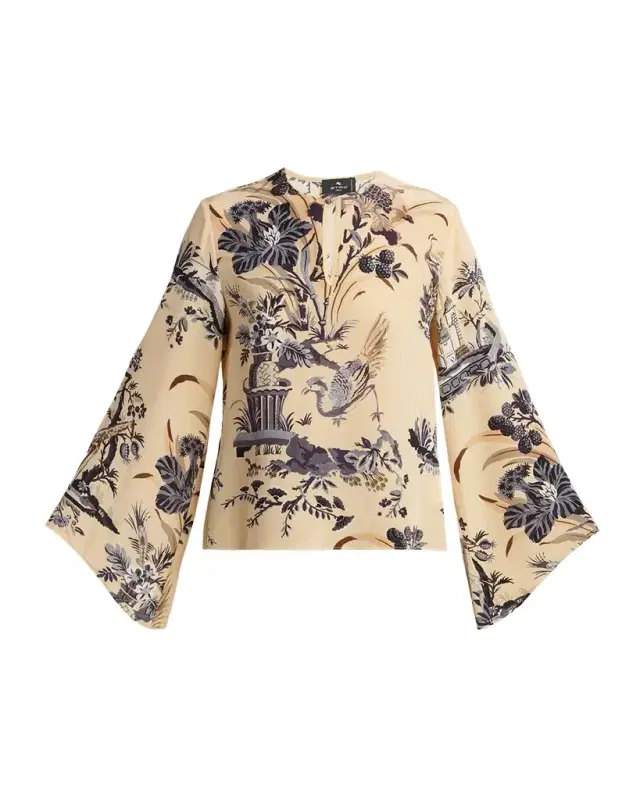 Etro Floral-Print Silk Flare-Sleeve Top