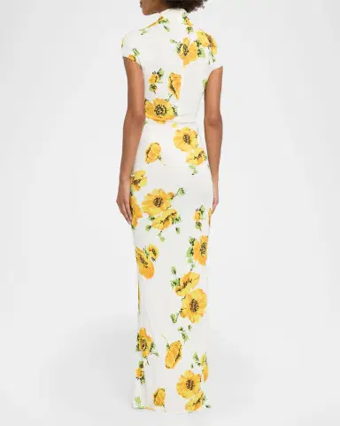 Alaïa Mock-Neck Draped Floral Jersey Cap-Sleeve Maxi Dress | Thumbnail 3 Alaïa Mock-Neck Draped Floral Jersey Cap-Sleeve Maxi Dress | Thumbnail 3