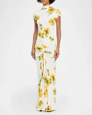 Alaïa Mock-Neck Draped Floral Jersey Cap-Sleeve Maxi Dress | Thumbnail 4 Alaïa Mock-Neck Draped Floral Jersey Cap-Sleeve Maxi Dress | Thumbnail 4
