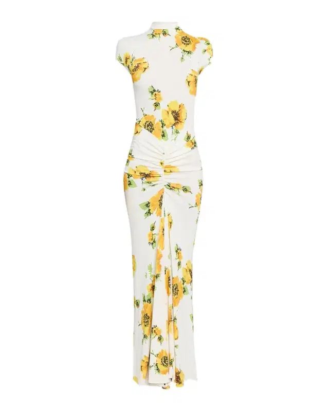 Alaïa Mock-Neck Draped Floral Jersey Cap-Sleeve Maxi Dress