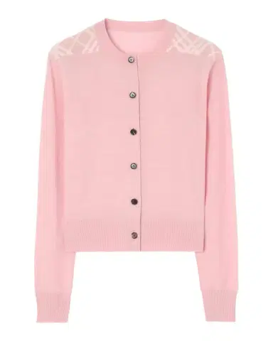 Burberry Wendy Check-Shoulder Wool Crewneck Cardigan | Thumbnail 1